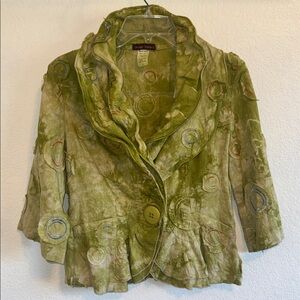 DESIGN TODAY LINEN BLAZER JACKET TYE DYE GREEN EMBELLISHED STRUCTURED COLLAR